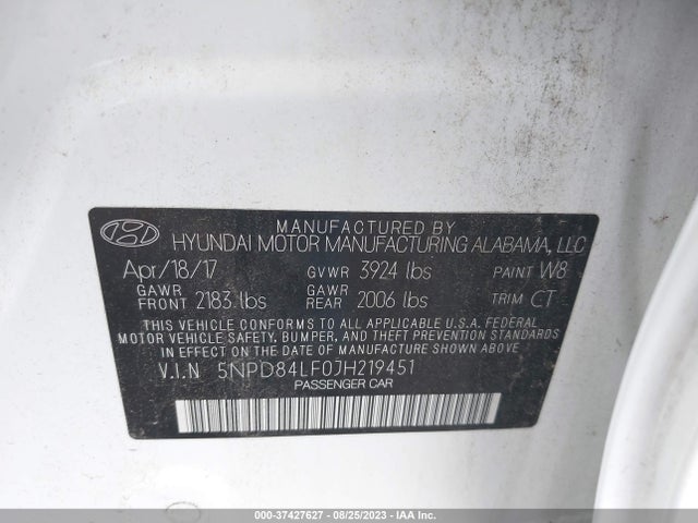 2018 HYUNDAI ELANTRA SEL VIN: 5NPD84LF0JH219451