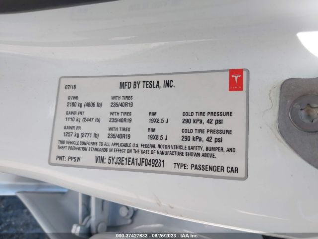 5YJ3E1EA1JF049281 Tesla Model 3 Range Battery