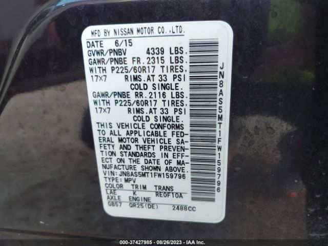JN8AS5MT1FW159796 Nissan Rogue Select S