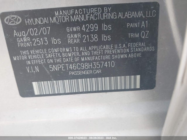 2008 HYUNDAI SONATA GLS VIN: 5NPET46C98H357410