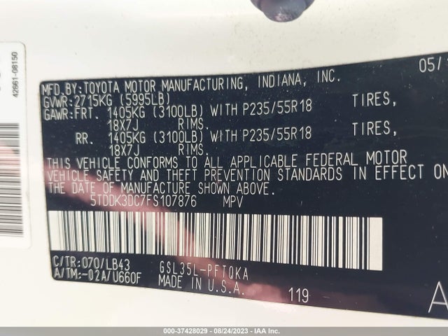 2015 TOYOTA SIENNA LTD/XLE/XLE PREMIUM VIN: 5TDDK3DC7FS107876