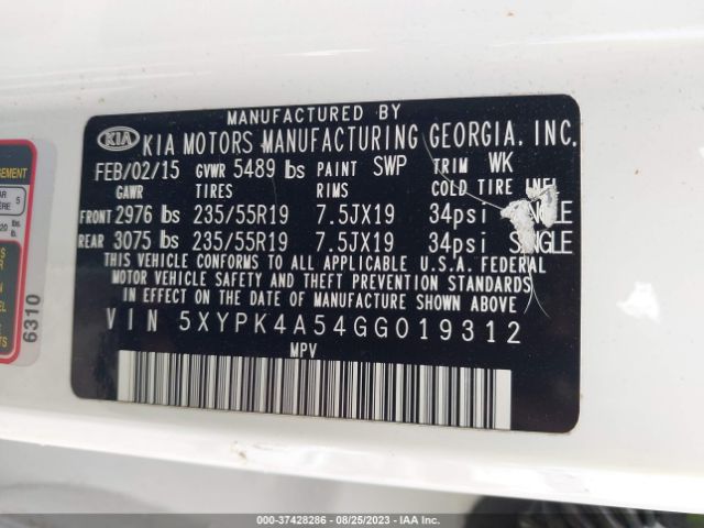 5XYPK4A54GG019312 KIA SORENTO SX