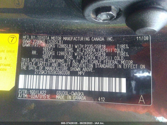 2009 LEXUS RX 350 VIN: 2T2GK31U59C080308