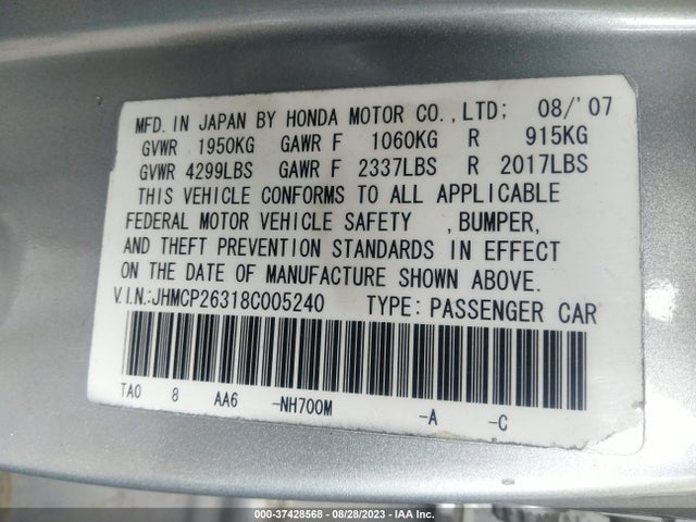 2008 HONDA ACCORD SDN LX VIN: JHMCP26318C005240