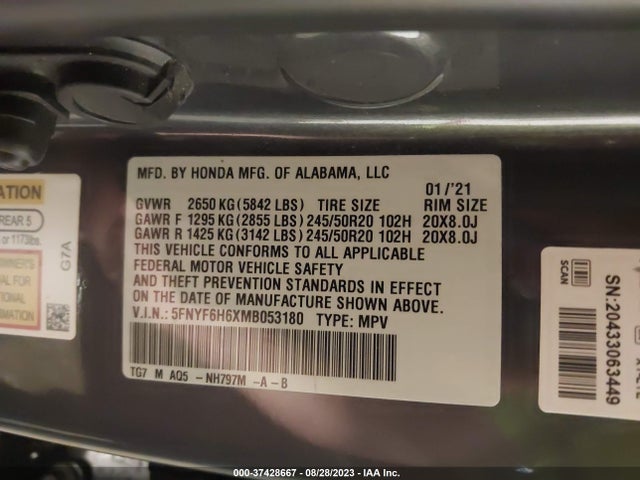 Honda Pilot Touring 7-passenger 2021 5FNYF6H6XMB053180 Image 9