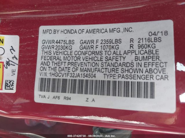 1HGCV1F32JA154504 Honda Accord Sedan Sport 1.5t
