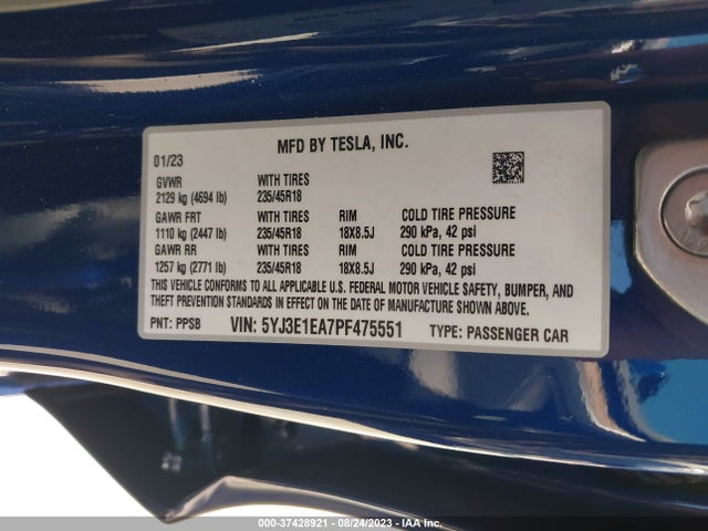 2023 Tesla 3, VIN: 5YJ3E1EA7PF475551