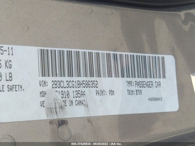 2011 DODGE CHARGER SE VIN: 2B3CL3CG1BH586352
