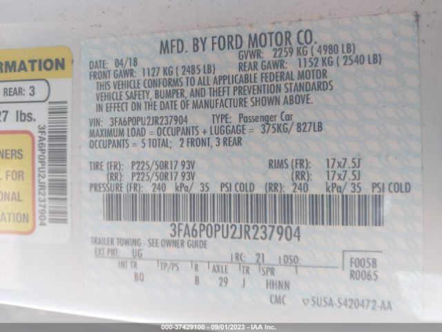 3FA6P0PU2JR237904 Ford Fusion Energi Se