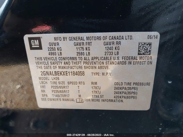 Chevrolet EQUINOX LT 2014 2GNALBEKXE1184058 Image 9