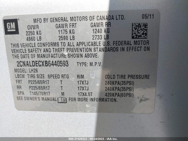 2011 CHEVROLET EQUINOX LT W/1LT VIN: 2CNALDECXB6440593