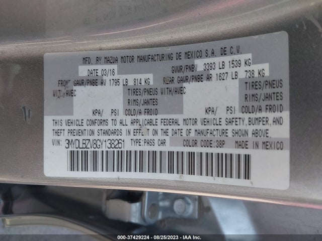 2016 SCION IA VIN: 3MYDLBZV8GY138261
