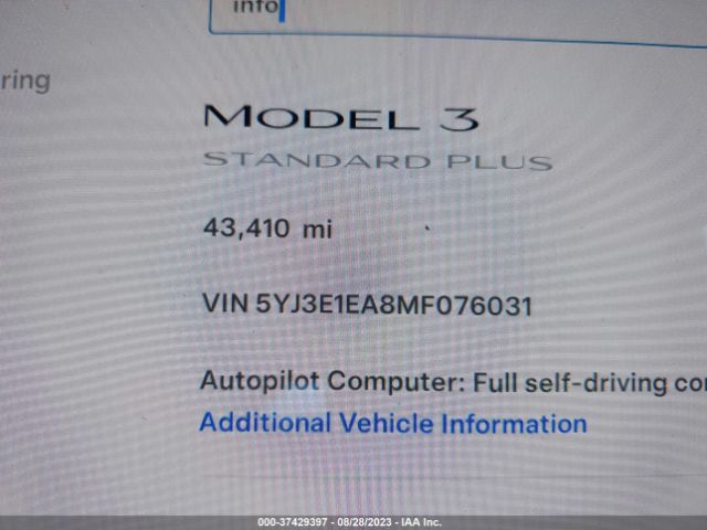 5YJ3E1EA8MF076031 Tesla Model 3 Standard Range Plus