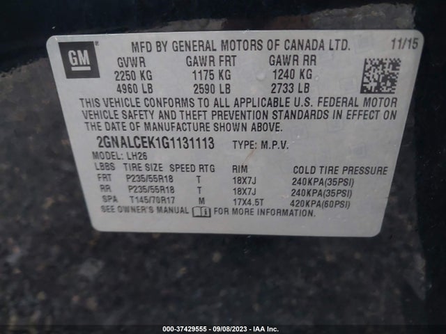 Chevrolet EQUINOX LT 2016 2GNALCEK1G1131113 Image 9