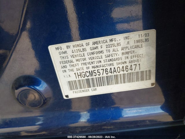 2004 HONDA ACCORD SDN EX VIN: 1HGCM55764A046471