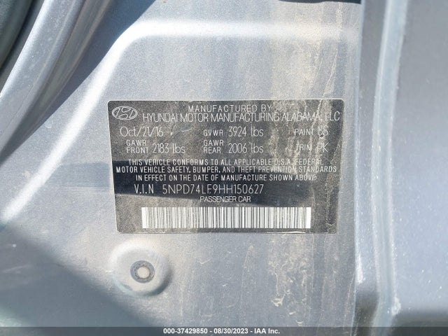 2017 HYUNDAI ELANTRA SE VIN: 5NPD74LF9HH150627