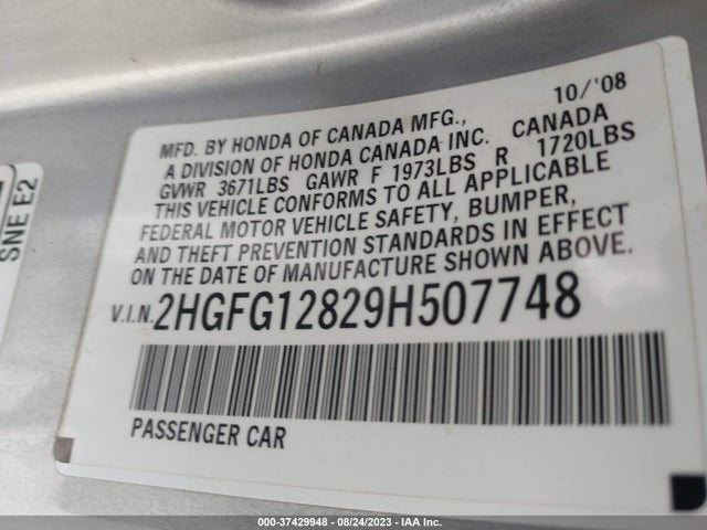 2009 HONDA CIVIC EX VIN: 2HGFG12829H507748