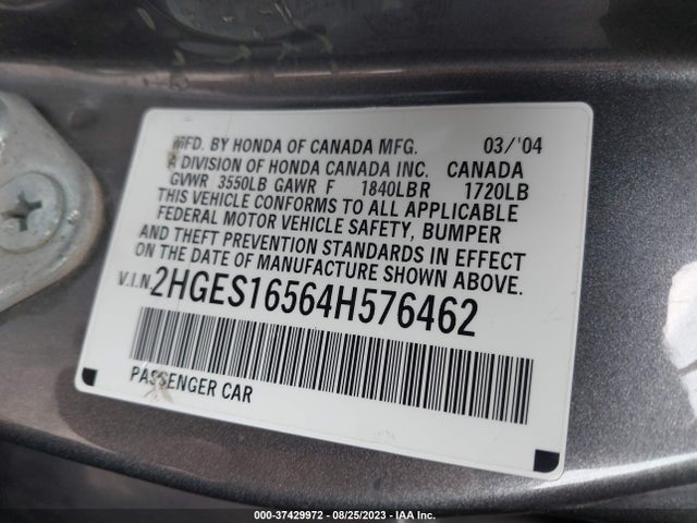 2004 HONDA CIVIC LX VIN: 2HGES16564H576462