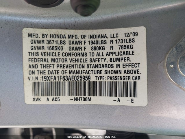 2010 HONDA CIVIC SDN LX-S VIN: 19XFA1F63AE025959