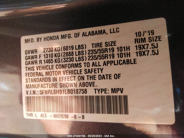 Honda Odyssey Elite 2020 5FNRL6H91LB018758 Image 9