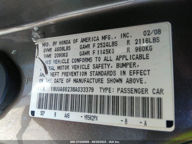 2008 ACURA TL VIN: 19UUA66238A033379