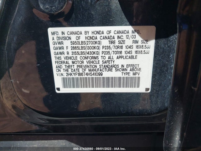 2004 HONDA PILOT EX VIN: 2HKYF18674H541099