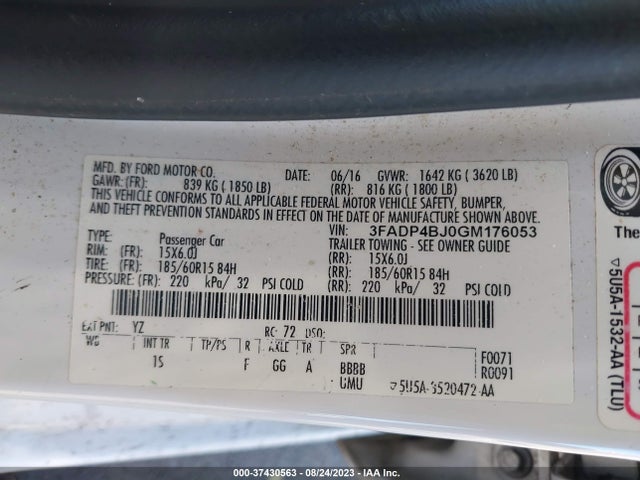 2016 FORD FIESTA SE VIN: 3FADP4BJ0GM176053