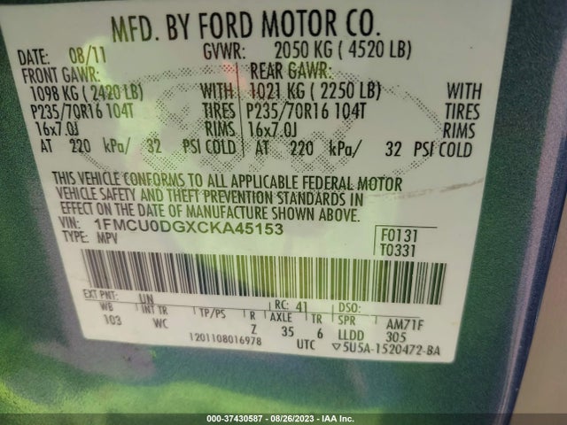 2012 FORD ESCAPE XLT VIN: 1FMCU0DGXCKA45153