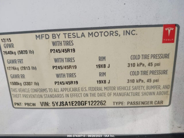 Tesla Model S 90d/70d/75d/60d/85d 2016 5YJSA1E20GF122262 Image 16