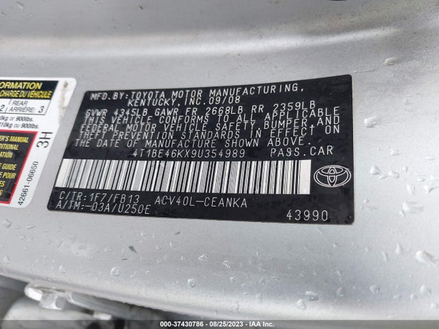 2009 TOYOTA CAMRY LE VIN: 4T1BE46KX9U354989