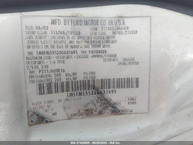 2003 MERCURY SABLE LS PREMIUM VIN: 1MEFM55S33G631695