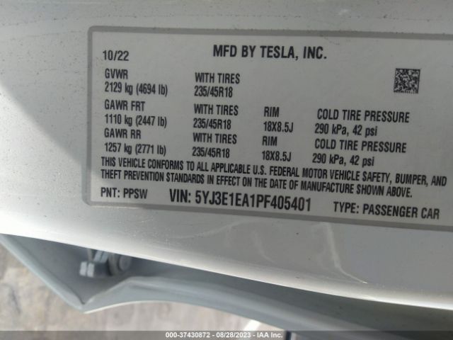 5YJ3E1EA1PF405401 Tesla MODEL 3