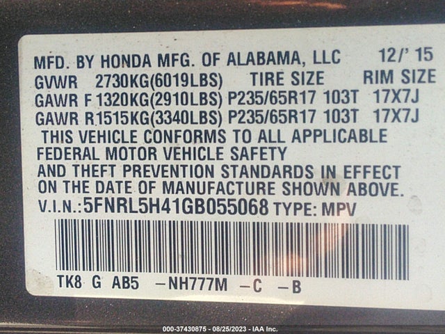 Honda ODYSSEY EX 2016 5FNRL5H41GB055068 Image 9