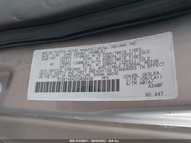 2002 TOYOTA SEQUOIA LIMITED VIN: 5TDBT48A22S080440