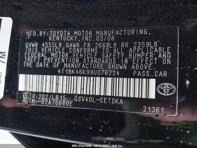 2009 TOYOTA CAMRY LE/SE/XLE VIN: 4T1BK46K99U076224