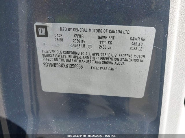 2008 CHEVROLET IMPALA LS VIN: 2G1WB58KX81358965