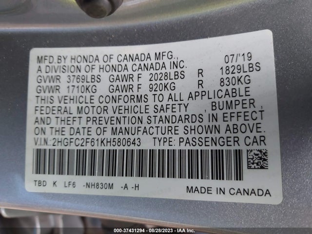Honda Civic Sedan Lx 2019 2HGFC2F61KH580643 Image 9