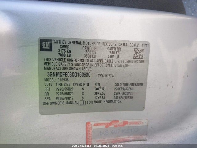 2012 CHEVROLET AVALANCHE LT VIN: 3GNMCFE03CG160630
