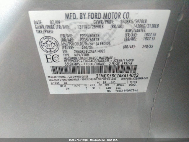 2010 FORD FLEX SE VIN: 2FMGK5BC2ABA14023