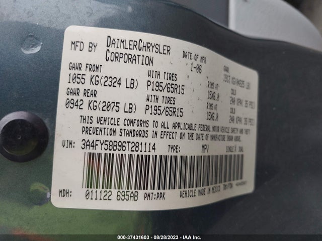 2006 CHRYSLER PT CRUISER TOURING VIN: 3A4FY58B96T281114