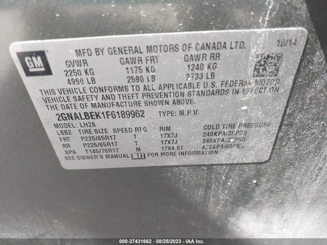 Chevrolet EQUINOX LT 2015 2GNALBEK1F6189962 Image 9