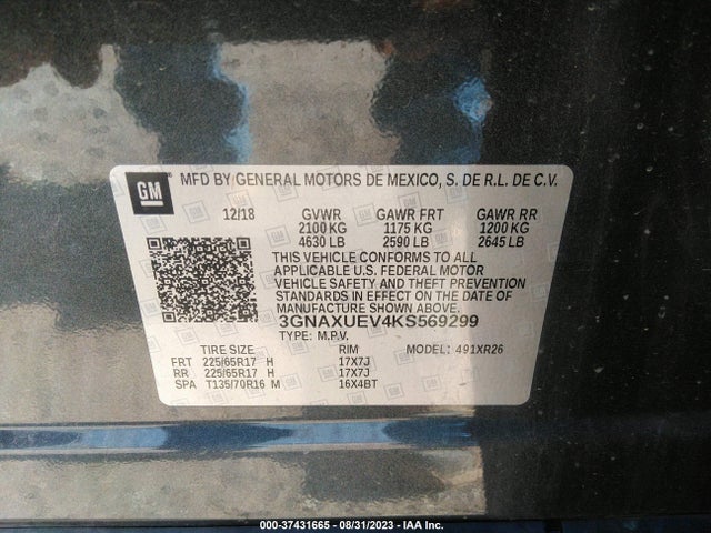 Chevrolet EQUINOX LT 2019 3GNAXUEV4KS569299 Image 9
