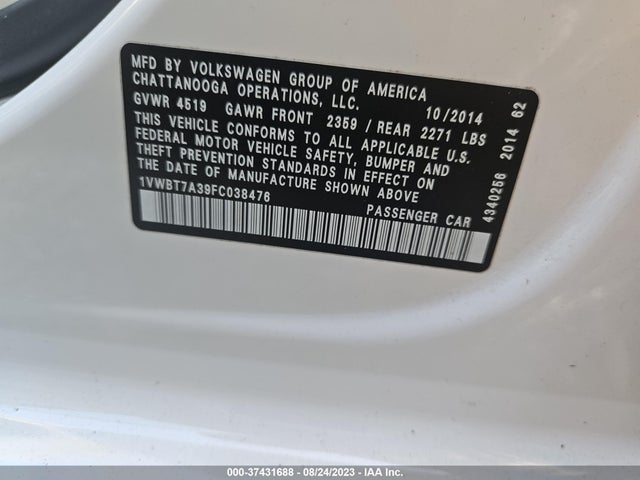 Volkswagen PASSAT 2015 1VWBT7A39FC038476 Image 8