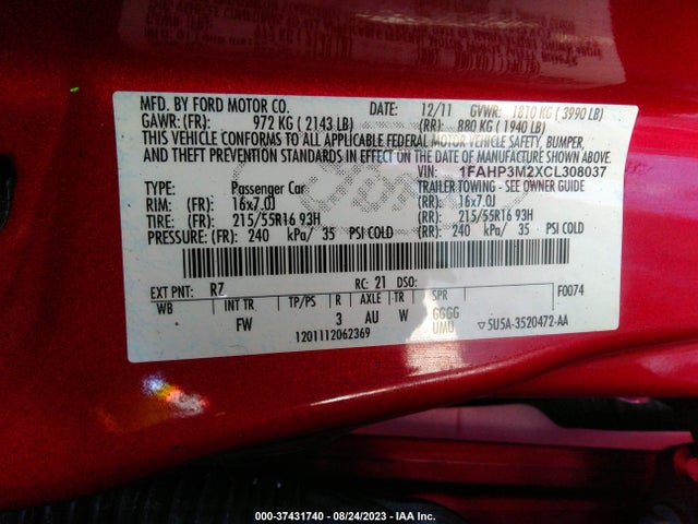 2012 FORD FOCUS SEL VIN: 1FAHP3M2XCL308037
