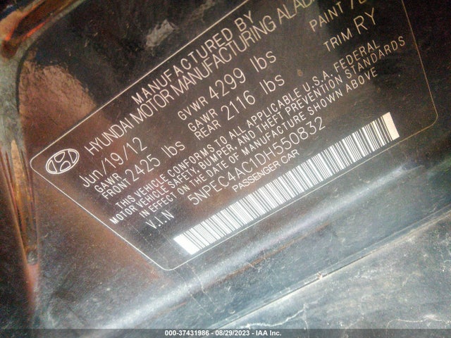 2013 HYUNDAI SONATA LIMITED PZEV VIN: 5NPEC4AC1DH550832