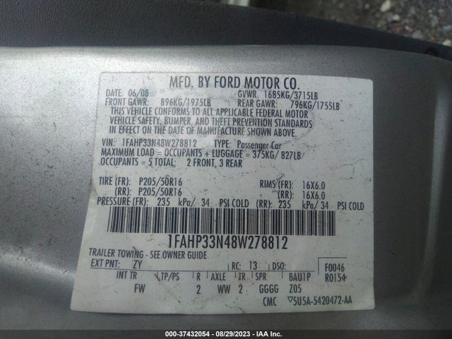 2008 FORD FOCUS SE/SES VIN: 1FAHP33N48W278812