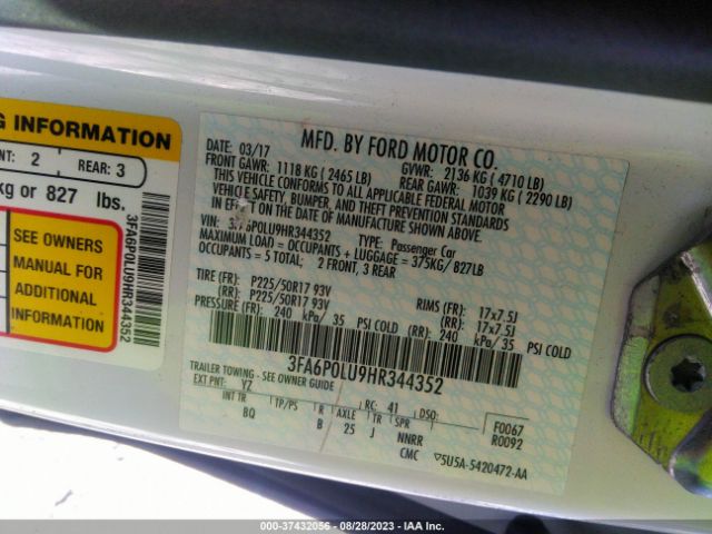 3FA6P0LU9HR344352 Ford Fusion Hybrid Se