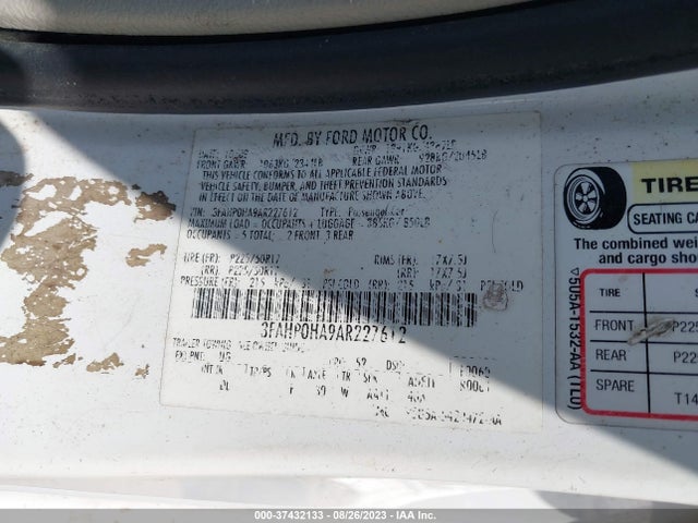 2010 FORD FUSION SE VIN: 3FAHP0HA9AR227612