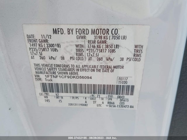 2013 FORD F-150 XL/XLT VIN: 1FTNF1CF9DKD56094