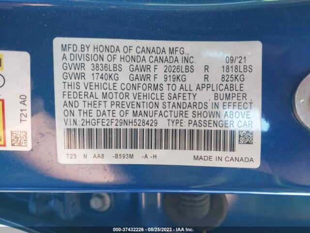 2HGFE2F29NH528429 Honda Civic Sedan Lx